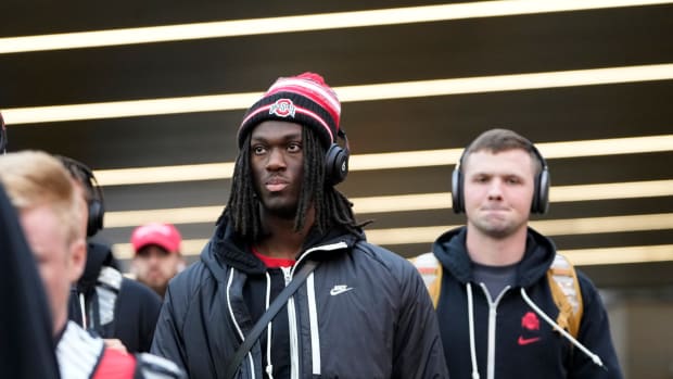 Oct 28, 2023; Madison, Wisconsin, USA; Ohio State Buckeyes wide receiver Marvin Harrison Jr. and quarterback Kyle McCord enter Camp Randall Stadium prior to the NCAA football game against the Wisconsin Badgers.  